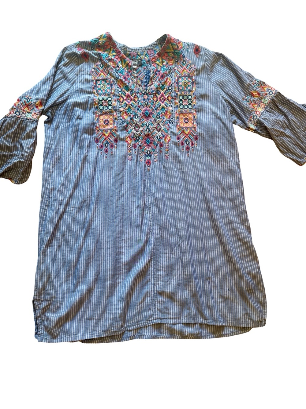Johnny Was Light Blue Striped Dress Multicolor Embroidery Boho XL